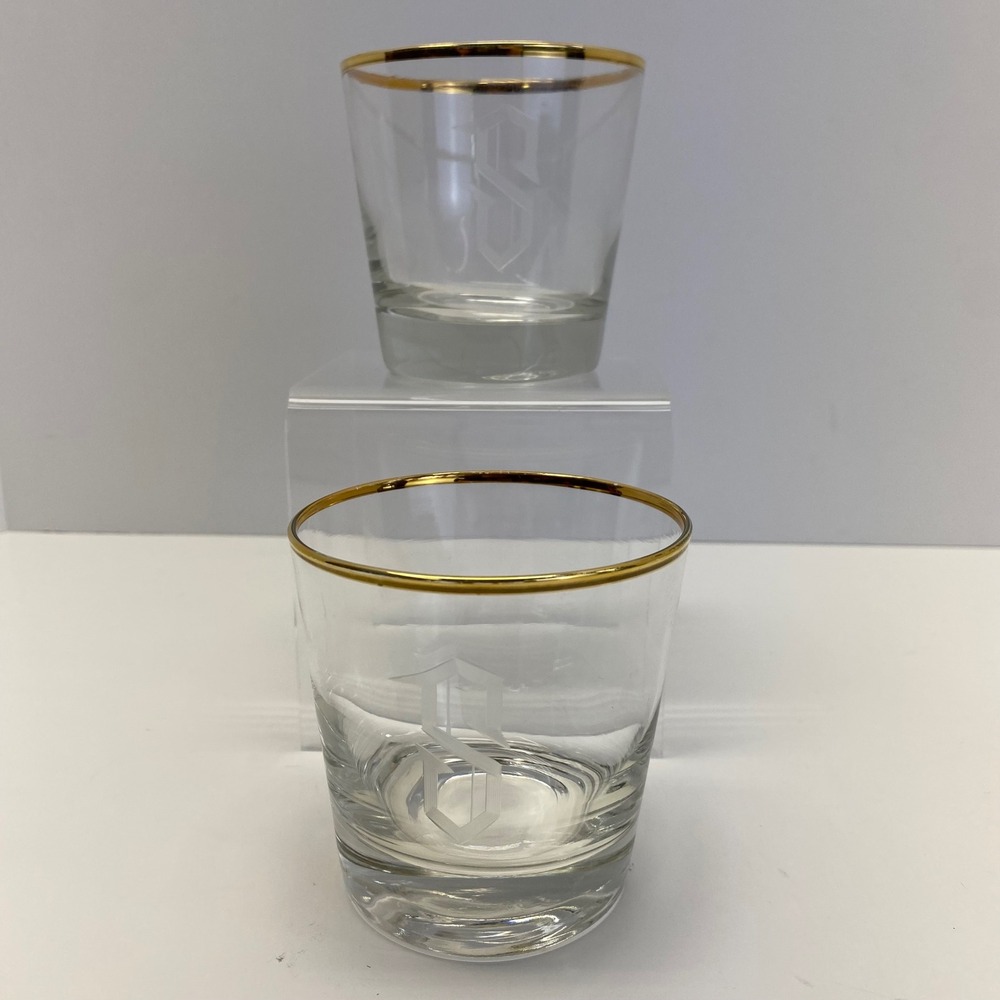 Set of 2 Etched Monogram S Glasses Gold Rimmed Crystal Rocks Tumblers, Lowball